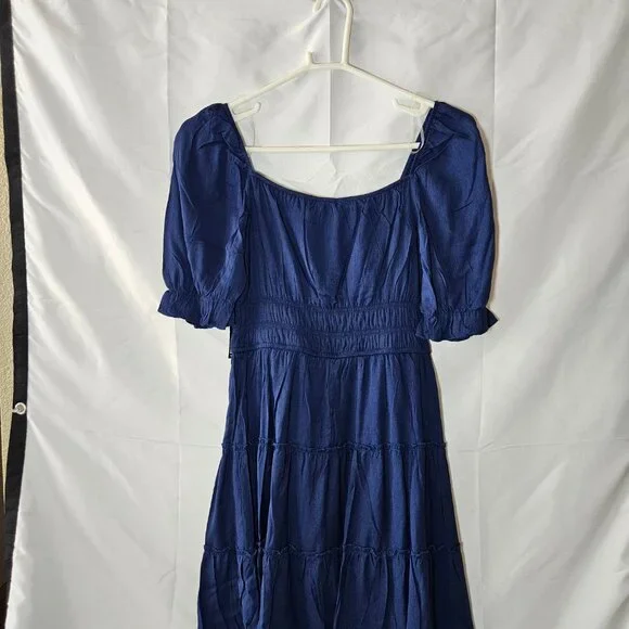 Trixxi Navy Blue Puff Sleeve Smocked Tiered Mini Dress – Size M – NWT